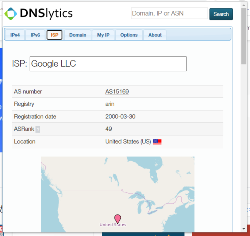 『IP Address and Domain Information』ISP情報