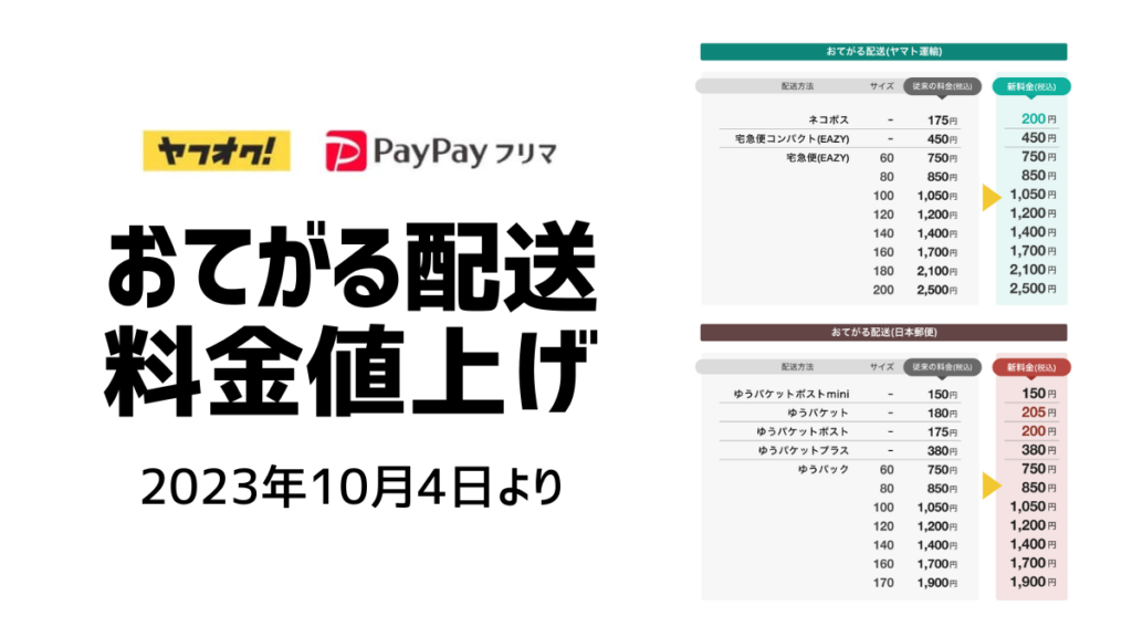 PayPayフリマ/ヤフオク おてがる配送値上げ