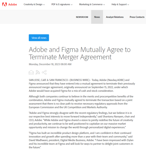 Adobe 合併契約終了のお知らせ