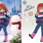 F:NEX『式波・アスカ・ラングレー Winter ver.』 幼少期を再現したフィギュア 完全限定販売19,800円 2/22締切/画像右は参考画像（幼少期のアスカのイラストを使用したオリジナルポストカード https://www.evastore2.jp/news-tokyo-01/2021/12/24520/attachment/asuka_tokuten_pc/ より）