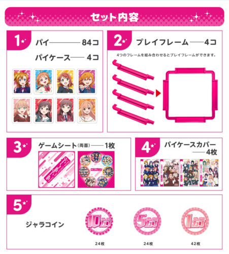 商品セット内容画像 パイ87個、パイケース4個、パイフレーム4個、ゲームシート（両面）1枚、パイケースカバー4枚、ジャラコイン（10万24枚、5万24枚、1万42枚）