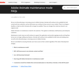 Adobe Animate maintenance mode FAQs スクリーンショット