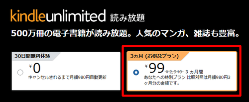 3か月間99円が提示されている例
